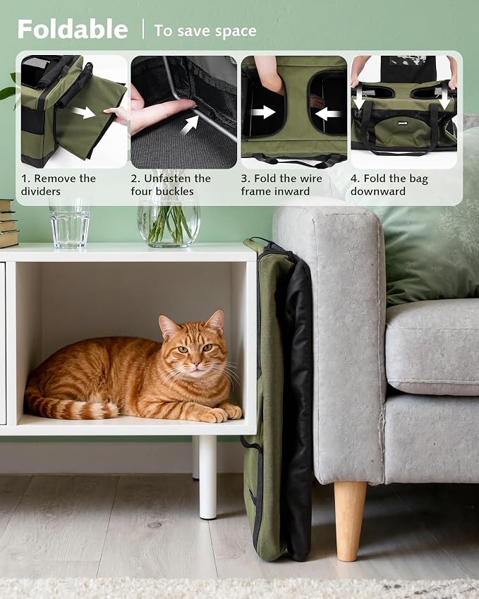 Pecute Large Cat Carrier, Soft Double Pet Crate for 2 Cats Travel, Green | Anti-Collapse Steel Frame, Convertible Dual Space, Foldable, Polyester Breathable mesh, Up to 26 lbs, Car Travel & Vet Visits