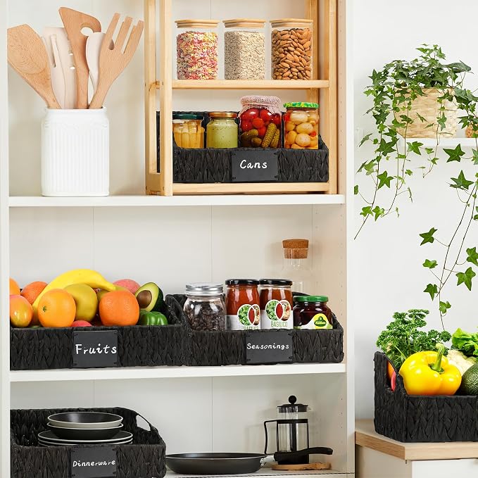 Black Pantry Baskets, Wicker Baskets for Shelves Organizing | Handwoven Pantry Organizers and Storage with Built-in Handles, Laundryroom Organization Storage Bins for Snack Cans