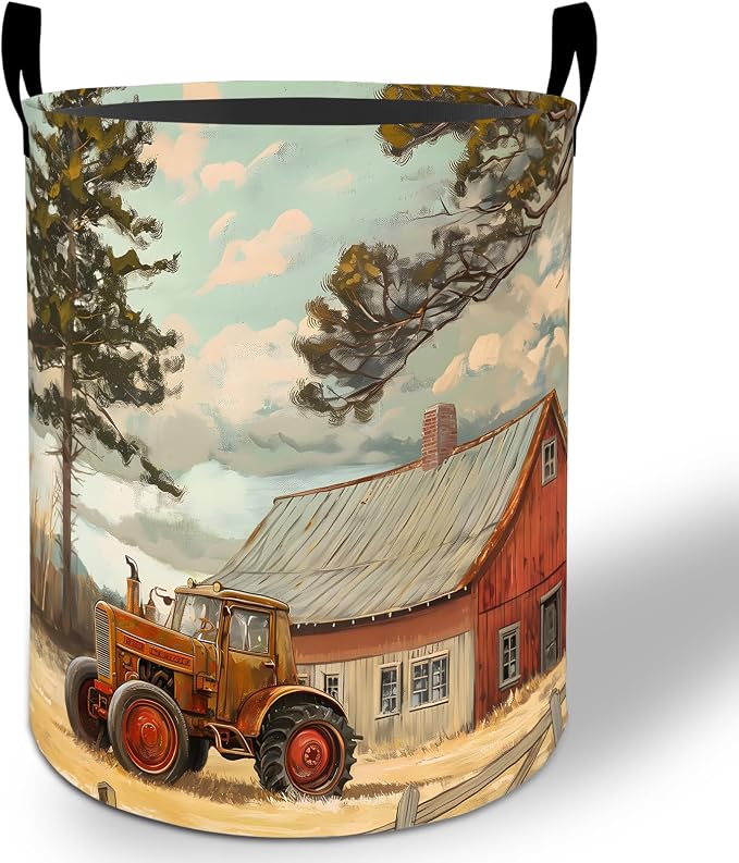 Vintage Tractor Laundry Basket Hamper 19.7"x15.8", Countryside Foldable Waterproof Oxford Clothes Storage Bucket for Room Bathroom Bedroom Nursery Decor, Toy Organizer Bins Gifts for Kids Boys Girls
