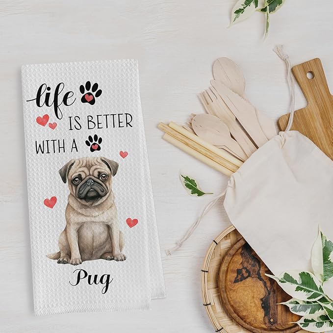 Gequtt Pug Gifts Dish Towels - Funny Waffle Weave Kitchen Towels, Set of 2 (1624 Inches) for Women, Pet Lovers