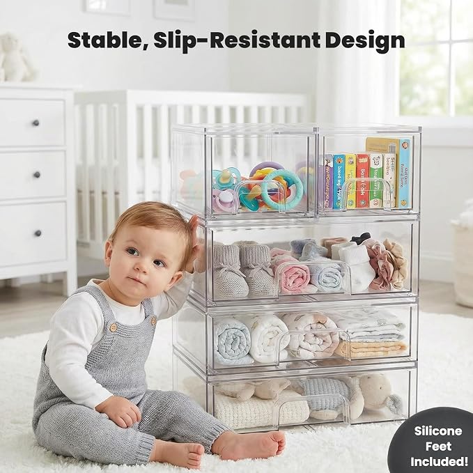 6-Pack Stackable Storage Drawers with Labels - Clear PET Pull-Out Organizer Bins for Pantry, Bathroom, Vanity, Cabinet, Countertop | Baby Bottle Organizer