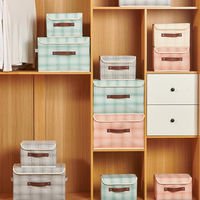 Storage Boxes with Lids Decorative Fabric Bins Baskets Container | Clothes Organizer for Closet Shelf, Collapsible Washable, w/ Faux Leather Handles, Light Salmon (3D Textured), Small