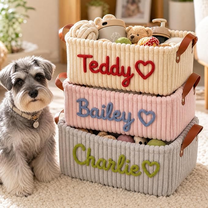 EAQ Personalized Dog Cat Toy Storage Basket Custom Pet Organizer Bin with Name, Pet Toy Box for Dog Accessories, Treats & Supplies