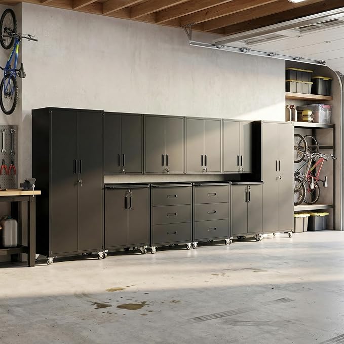10-Piece Heavy Duty Steel Garage Cabinet System | All-in-One Modular Garage Cabinet Set for Ultimate Workshop Organization | Easy Assembly Garage Storage Cabinets & Tool Bench (Black)