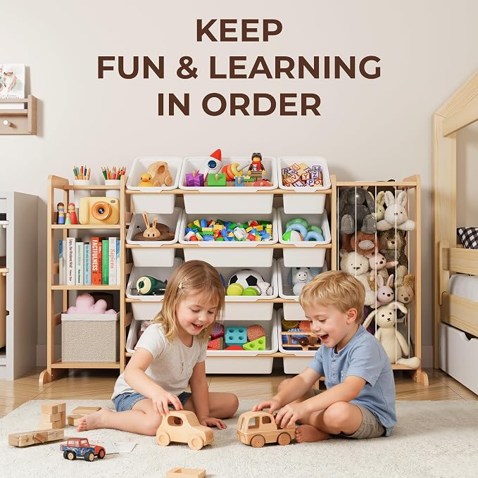 Toy Storage Organizer with Bookshelf and Stuffed Animal Storage - Kids Playroom Organization with Shelves and 12 Toy Bins - Toddler Living Room Toy Box for Lego - Nursery Bedroom Decor Essential