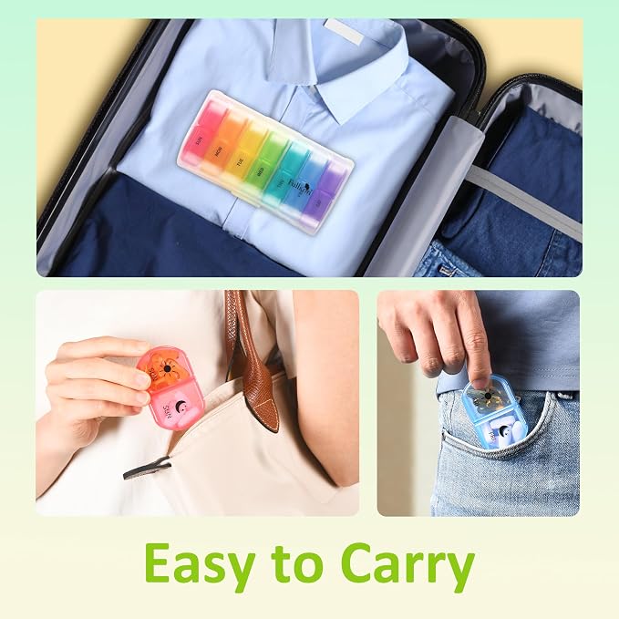 Fullicon Large Medicine Pill Organizer 2 Times a Day, AM PM 7 Day Travel | Each Compartment Holds 6 Fish Oils or 10 Vitamins, One Finger Open Lid, Double Secure Lock, Sturdy Hinges, Clear Rainbow