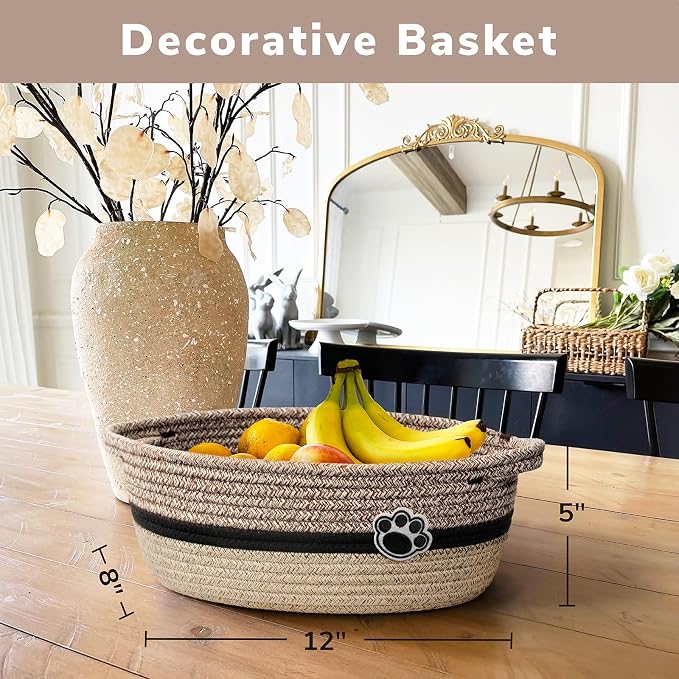 Woven Rope Dog Toy Basket with Paw Print, Brown Mix | 12"x 8" x 5" Small Dog Toy Bin & Box with Handles, Fits Living Room Bedroom Nursery Organization, Gift Basket Empty for Pets
