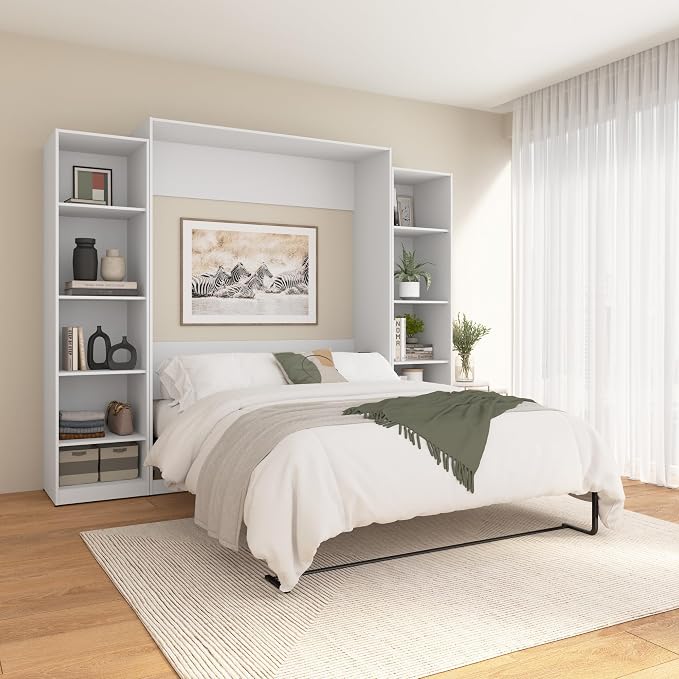 Bestar Queen Murphy Bed with Closet Organizer, White, Claremont, 105W | Closet Organizers; supports up to 1000 lb; min. ceiling height 88 in.; for guest room or multipurpose space; 10-year warranty