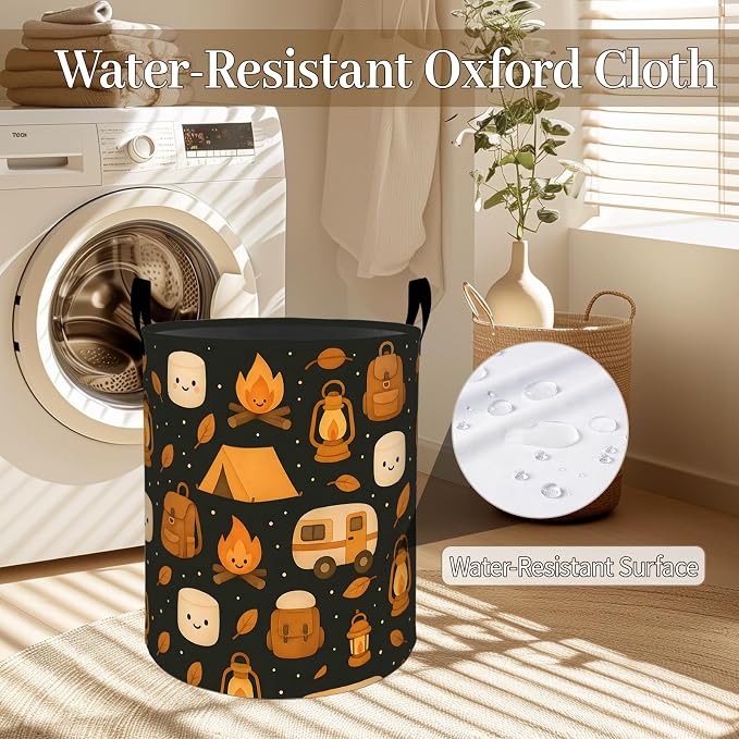 Camping Laundry Basket, Cute Campfire Foldable Oxford Cloth, Waterproof Dirty Clothes Hamper with Handles, Clothing Storage Bin Toy Organizer for Bedroom Dorm Bathroom, 19.7"x15.7"