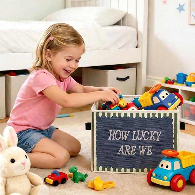How Lucky Are We Green Stripe Foldable Fabric Storage Bin for Kids Room | Green stripe design, foldable storage bin for toys, books, clothes in nursery, bedroom, or playroom.