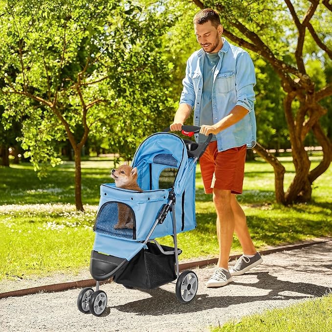 ZENY Pet Stroller for Small/Medium Dogs and Cats Foldable Dog Stroller | with 3 Wheels, Pet Strolling Cart, Dog Travel Carrier with Storage Basket, Cup Holder, Blue