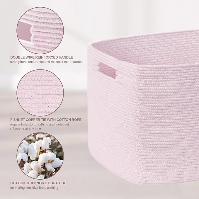 86L Large Woven Laundry Basket Hamper with Handles, Pink | collapsible wicker hamper, storage for dirty clothes, toys, blankets, gifts, living room, bedroom, bathroom, 24"x16"x14"