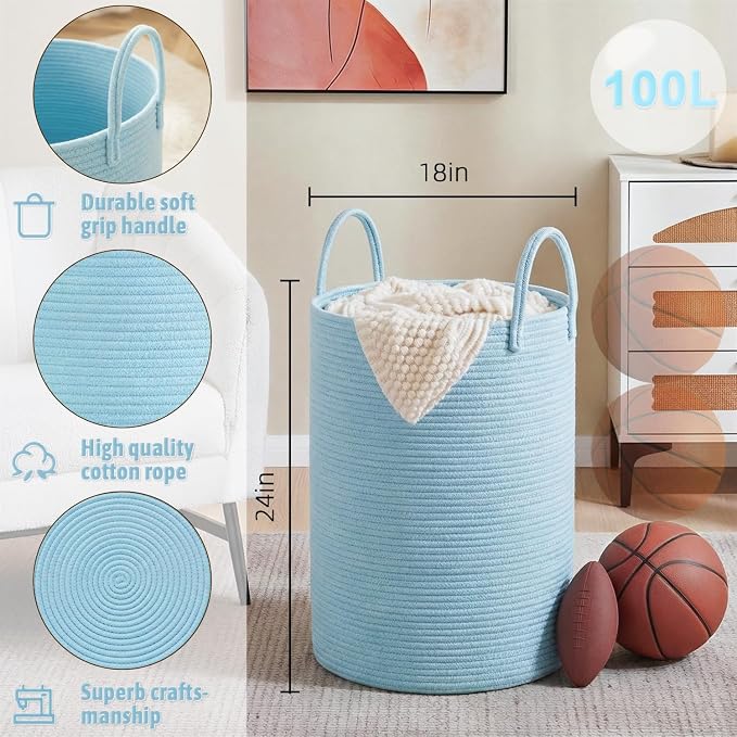 Laundry Basket,Woven Cotton Rope Laundry Hamper,100L for Decor Storage of Dirty Clothes,Toys and Blankets in Bathroom,Baby Room and Living Room