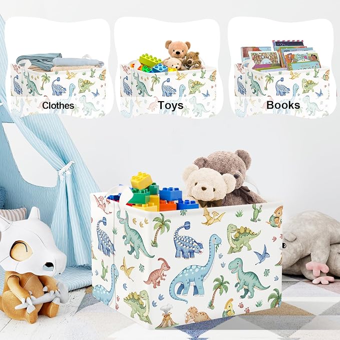 Clastyle Boho Dinosaur Laundry Basket Palm Tree Kids Clothes Book Storage Basket Gift Toy Box for Bedroom Decor,Pterosaur,40x30x30 cm | Large Storage Basket for Toys Clothes Books, 25kg Load Capacity, Freestanding, Waterproof, Collapsible