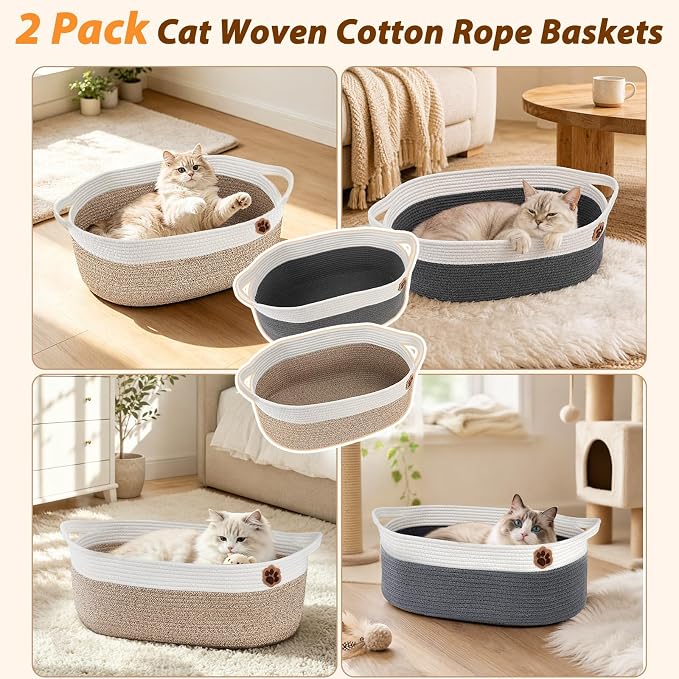 SZEE 2 Pack Stimulicat Handwoven Cat Basket, Large Instinct Cat Bed Baskets | Woven Cotton Rope Cat Scratcher Basket & Pet Toy Organizer, Breathable with Reinforced Handles, 19.7"x11"x7.9", Beige+Gray