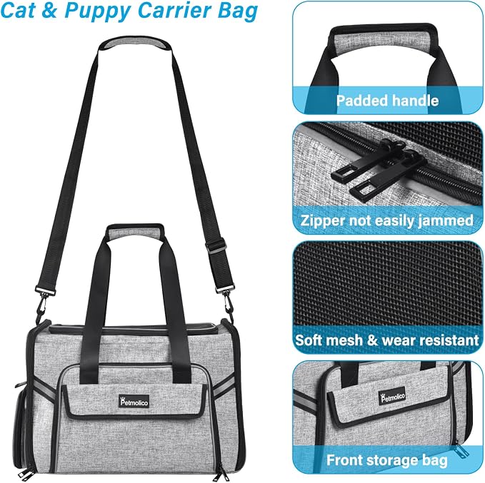 Petmolico Cat Carrier Soft-Sided Airline Approved, Medium, Grey-X862 | For small/medium cats & puppies up to 16 lbs, 3 open doors, travel-friendly pet bag