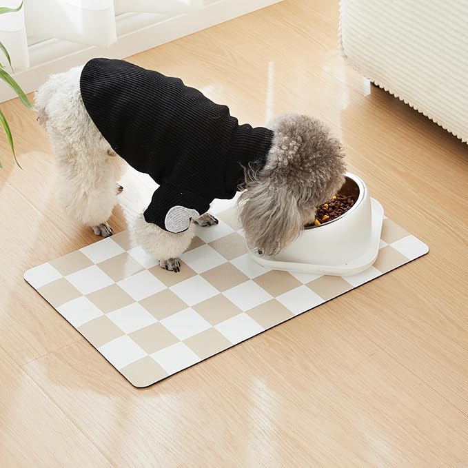 Ralxion Checkered Dog Feeding Mat, Absorbent Mats for Dog Food and Water Bowl, Dispenser, Retro Aesthetic Beige Khaiki Checkerboard Pet Placemat for Dogs, Cats, Puppy Accessories, 16" X 24”