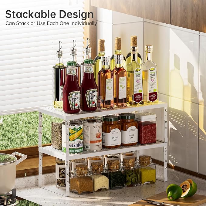Expandable Adjustable Stackable Kitchen Organizer,Pantry Storage Shelves Racks,for cabinets Shelf, Kitchens, countertops, bathrooms,RV(2Packs/White,Medium)