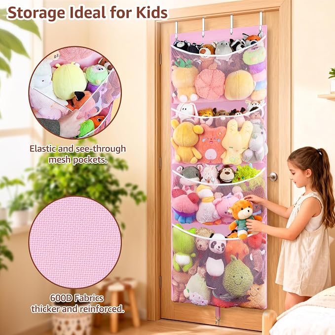 Over Door Stuffed Animal Storage, Hanging Plush Toy Organizer Holder | Behind Door Organizer with 4 Large Pockets, Mesh Hammock Bag for Doll & Bear Stuffies, Idea for Girl Boy Kid Nursery Closet