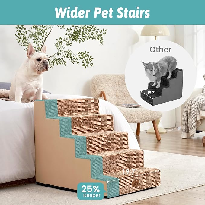 COZY KISS Dog Stairs for Small Dogs, 5 Step Pet Stairs for Beds & Couches | 23.6" Extra Wide Non-Slip Dog Steps with Removable Tiers & Support Board for Puppies, Older Cats & Dogs, Light Brown