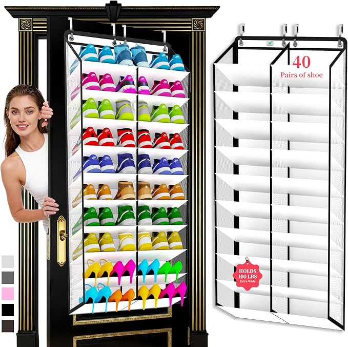 Heavy-Duty over the Door Shoe Organizer, Extra-Wide Large, Holds 30 Pairs & Supports 100lbs, with Reinforced Grommets & Bamboo Rods, Fits Men's Size 12 & Boots, White