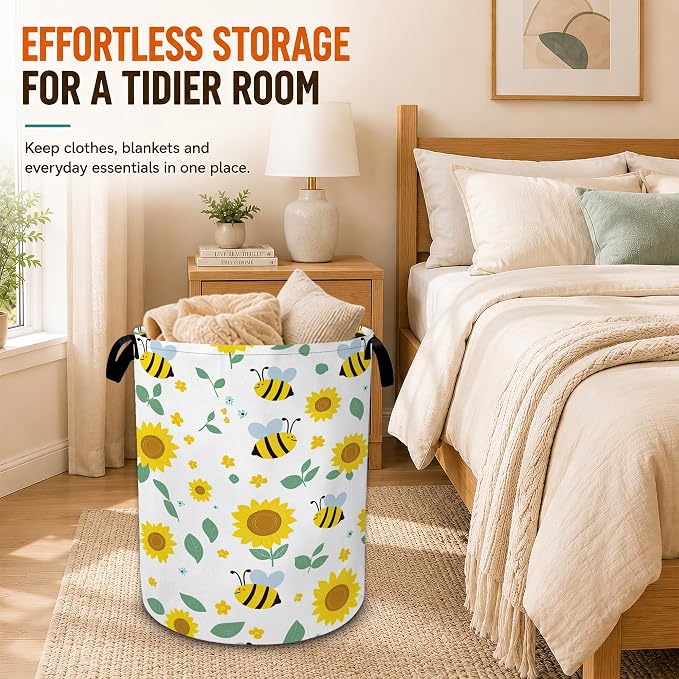 Cute Bee Sunflower Laundry Basket with Handles,Foldable Oxford Laundry Hamper,Collapsible Clothes Storage Basket for Laundry Room/Bathroom/Bedroom/Dormitories 20.8 x 16 Inches