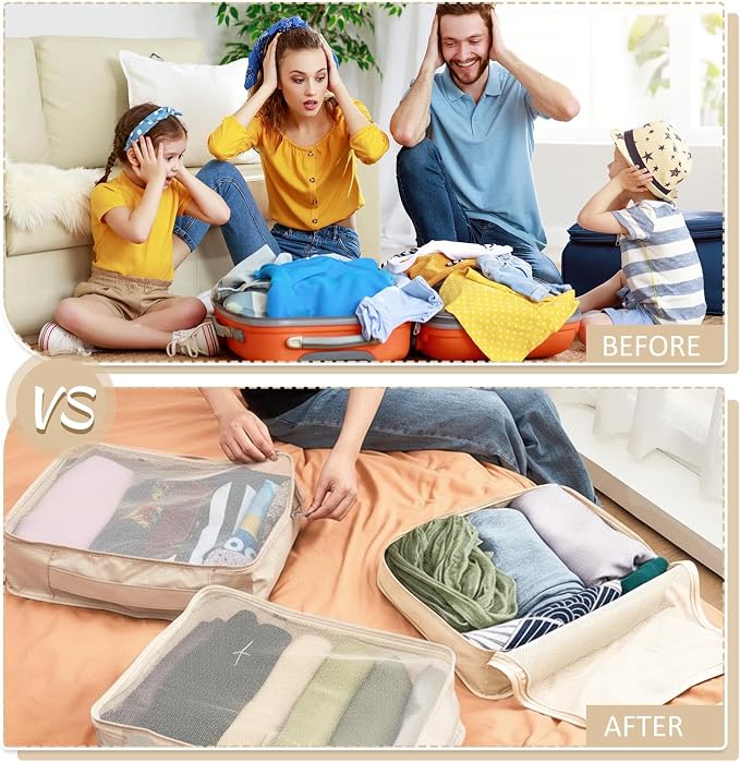 Silkfly 4 Pcs XL Packing Cube for Travel Luggage,Simple,Beige | 17.7 x 13 x 4.7, Same Size, Beige Suitcase Storage Organizer Set, Reusable Mesh Clothes Cube for Hiking Camp Family Accessory