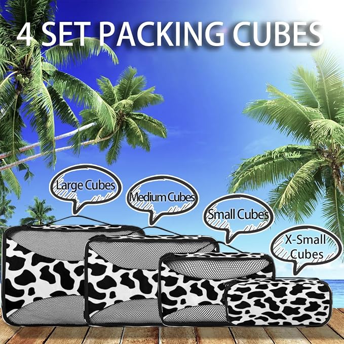 4 Set Packing Cubes for Travel, Cow Print Packing Cubes for Women, Travel Luggage Packing Organizers, Packing Cube Set, Cow Prints