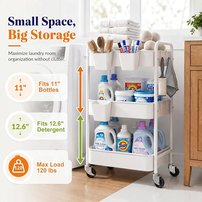 3 Tier Rolling Cart Metal with Wheels, White Three Tiered Craft Cart Organizer on Wheels, Storage Utility Carts for Art, Baby Nursery,Diaper Caddy, Cleaning Supplies, Nail,Lash,Snack,Book,Roller Shelf