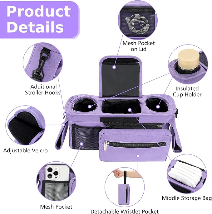 Accmor Universal Stroller Organizer with Insulated Cup Holder Detachable Phone Bag and Shoulder Strap,Stroller Bag Caddy Organizer for Uppababy, Baby Jogger, Britax Strollers