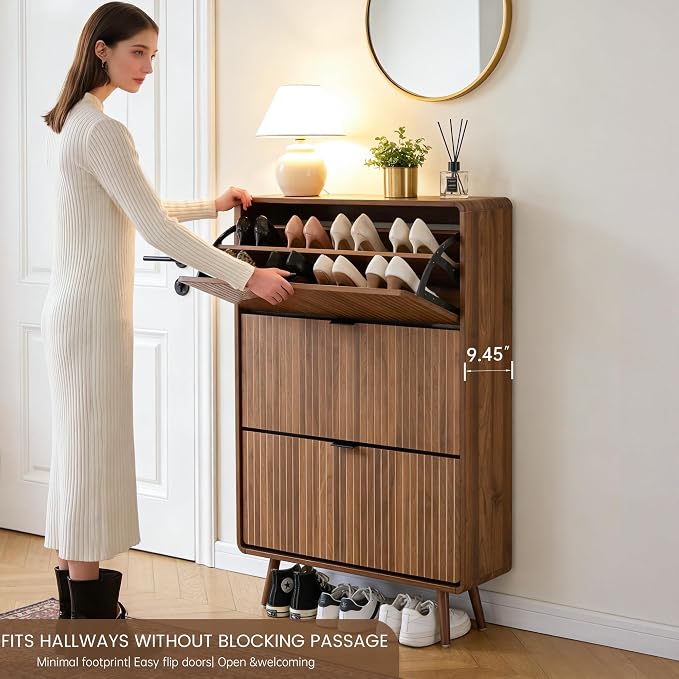 FurSch Fluted Shoe Storage Cabinet with 3 Flip Drawers, Narrow Shoe Rack Cabinet Organizer with Adjustable & Removable Shelves for Entryway (All Walnut, 3 Drawers)