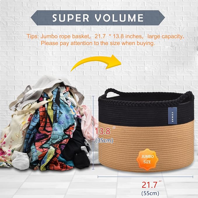 COMSE XXXLarge Woven Blanket & Laundry Basket, 87L, Black & Camel | 21.7" x 13.8", Cotton Rope, Nursery Hamper for Storage of Toys Clothes Towels, Ideal for Living Room Bedroom Bathroom