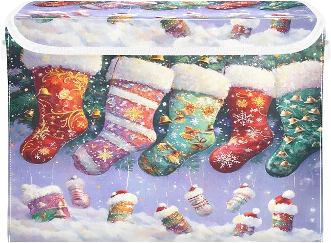 senya Christmas Baskets Collapsible Storage Bins with Lids, Christmas Stocking Storage Boxes Clothes Baskets for Organizing