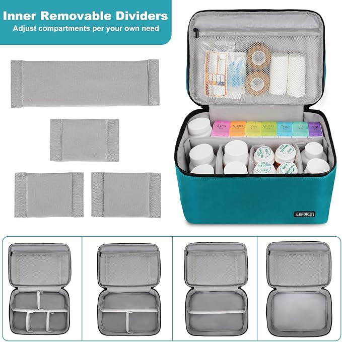 LEFOR·Z Medicine Storage Bag,Double Layers Pill Bottle Organizer Bag Empty | Medical Supplies Bag with Lockable Zipper & Adjustable Divider,Medication Travel Carrying Bag for Pills,Vitamins,Teal Color