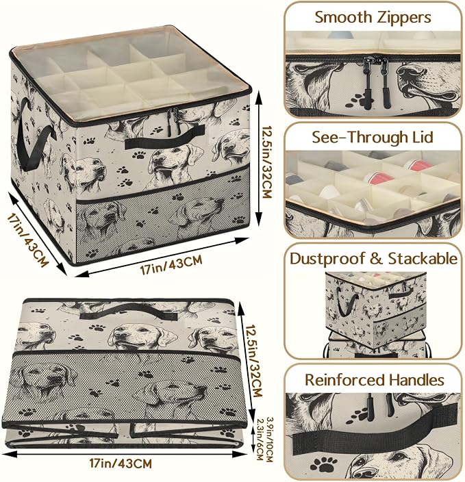 TropicalLife Lovely Dog Shoe Organizer for Closet | Animal Paw Print Foldable Shoe Storage Organizer Box Bin with Adjustable Dividers and Clear Cover, Fits up to 16-32 Pairs