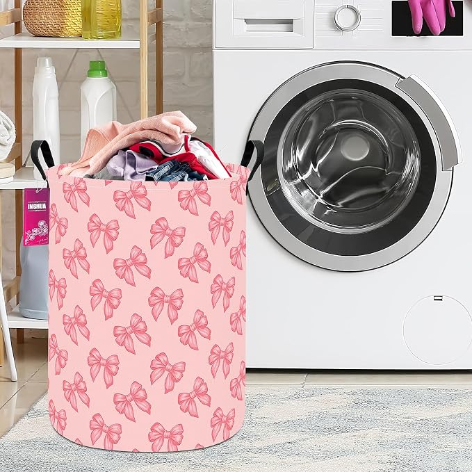 Laundry Hamper Large Canvas Fabric Storage Basket Pink bowknots | Organizer Bin Dirty Clothes Collapsible Waterproof for College Dorms, Boys and Girls Bedroom,Bathroom