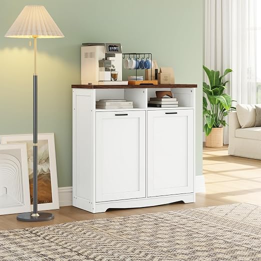 HOOBRO Double Tilt Out Trash Can Cabinet, 20 Gallon Kitchen Trash Bin Cabinet, Hidden Trash Storage with Open Compartments, Hidden Laundry Hamper, for Kitchen, Laundry, White and Walnut WH04LJ01