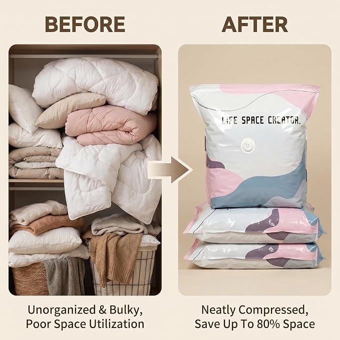 Zero Pump Storage Bags, No‑pump Vacuum Storage Bags – Press & Seal, No Pump Needed, Extra Large 𝐒torage 𝐁ags, Reusable for Clothes Duvet Travel and Home (M 6pcs)