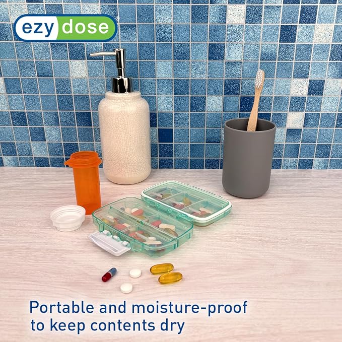 Ezy Dose Moisture-Proof Travel Pill Case, 7 Compartments, Green, Medium | Moisture-Proof Pill Case, Medicine Planner, Vitamin Organizer Box, Travel-Friendly, Latch-Closure to Secure Contents