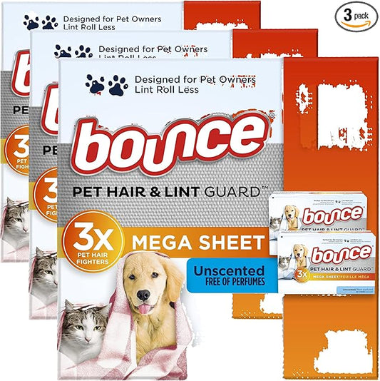Bounce Pet Hair and Lint Guard Dryer Sheets | Unscented | 130 Count, Pack of 3