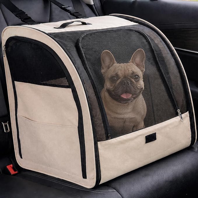 Dog Car Seat for Small Medium Dogs & Cats, Soft-Sided, Beige | Collapsible Pet Travel Carrier, Breathable Mesh, Car Kennel Secured with Seatbelt, Washable Pad, Enclosed Backseat Dog Crate