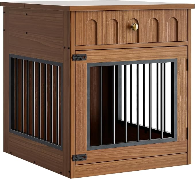 IRONCK 25.6" Wooden Dog Crate Furniture with Storage for Small Dogs | Drawer and flip top keep pet supplies tidy. Reinforced steel frame. Walnut finish for living rooms and hallways.