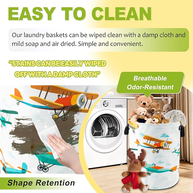Airplane Cartoon Laundry Basket Foldable Waterproof Hamper 18.9 x 16.5 Inch | Oxford Cloth With Reinforced Handles Lining Design Large-Capacity Storage For Bathrooms/Laundry Rooms/ Living Rooms/Bedrooms