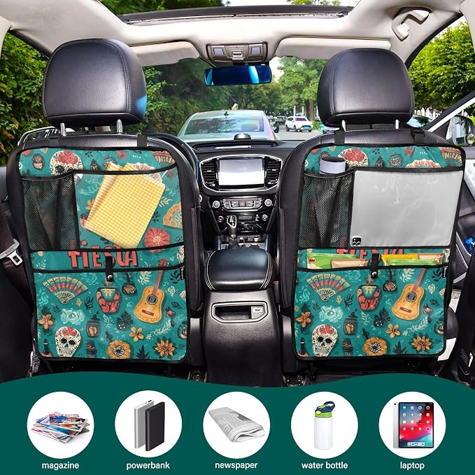 2 Pack Back Seat Car Organizer with Storage Pockets Kick Mats Back Seat Protector Hanging Car Organizer Automotive Seat Back Cover Organizers Fiesta Mexican Green Skulls Guitars Flowers