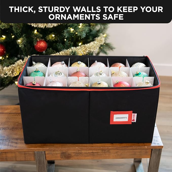 Christmas Ornament Storage Container with Dividers - Box Stores Up to 54 Ornaments, Zippered, Convenient, Adjustable, Large Organizer Bin to Protect Holiday Décor, Fits Most Standard Size, Black