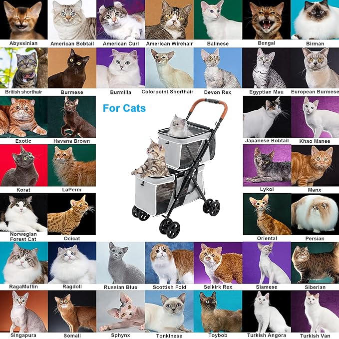 Double Pet Stroller for 2 Dogs & Cats, Double-Decker, Gray | One-Hand Fold Two-Tier Stroller with Separate Cabins, 44 lb Capacity, 4 Tethers, Locking Front Wheels and Rear Brakes