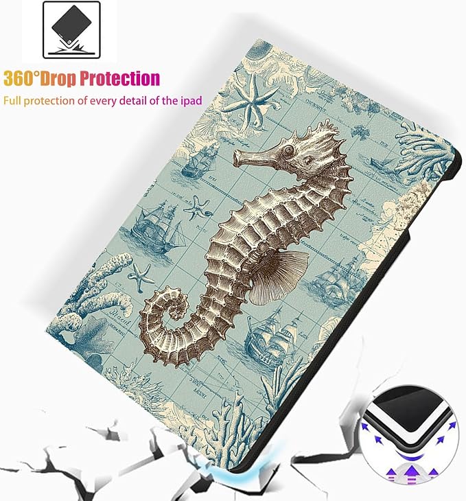 for Microsoft Surface Pro 7 Plus,Surface Pro 7/6/5/4 12.3" Tablet Case,Auto Wake/Sleep,Adjustable Stand Protective Cover - Vintage Seahorse Nautical