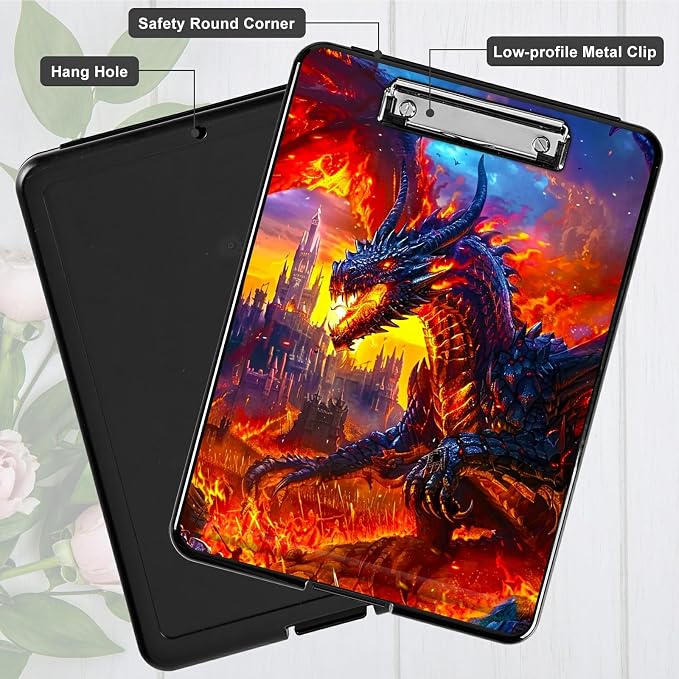 Castle Flaming Dragon A4 Clipboard with Storage Pen Holder, Clipboards Organizer Nursing Clipboard Foldable File Folder Plastic Clipboard Folio Clip Board for Office Students Classroom