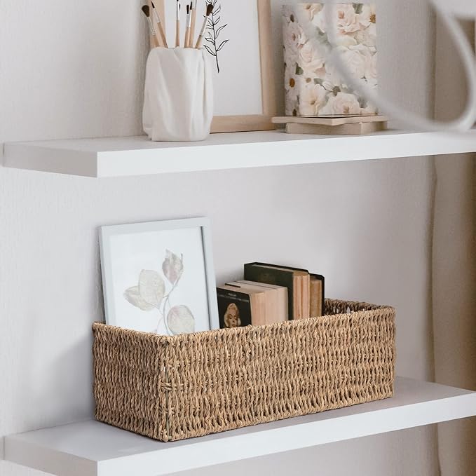 JS HANGER Toilet Basket Tank Topper， Seagrass Storage Baskets, Rectangular Wicker Baskets for Toilet Tank Top, Bathroom Wicker Basket, 14.9"L x 6.3"W x 4.7"H, 2-Pack