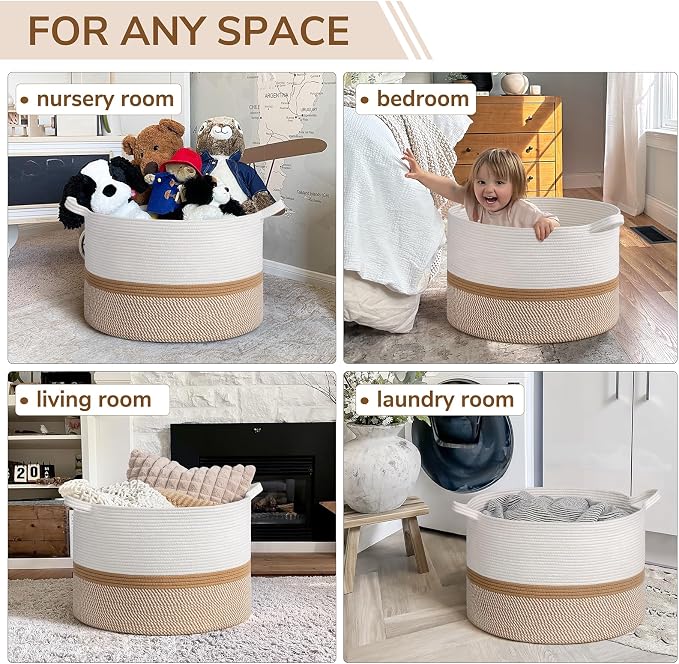 INDRESSME XXXLarge Woven Rope Blanket Basket Living Room White Camel, 90L | 21.7" x 13.8" Storage baskets for toys laundry & pillows. Fits living room, bedroom or nursery décor. Soft-touch with handles